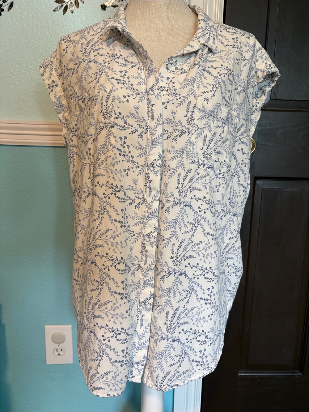 White Button-Up Shell with Blue Leaf Print